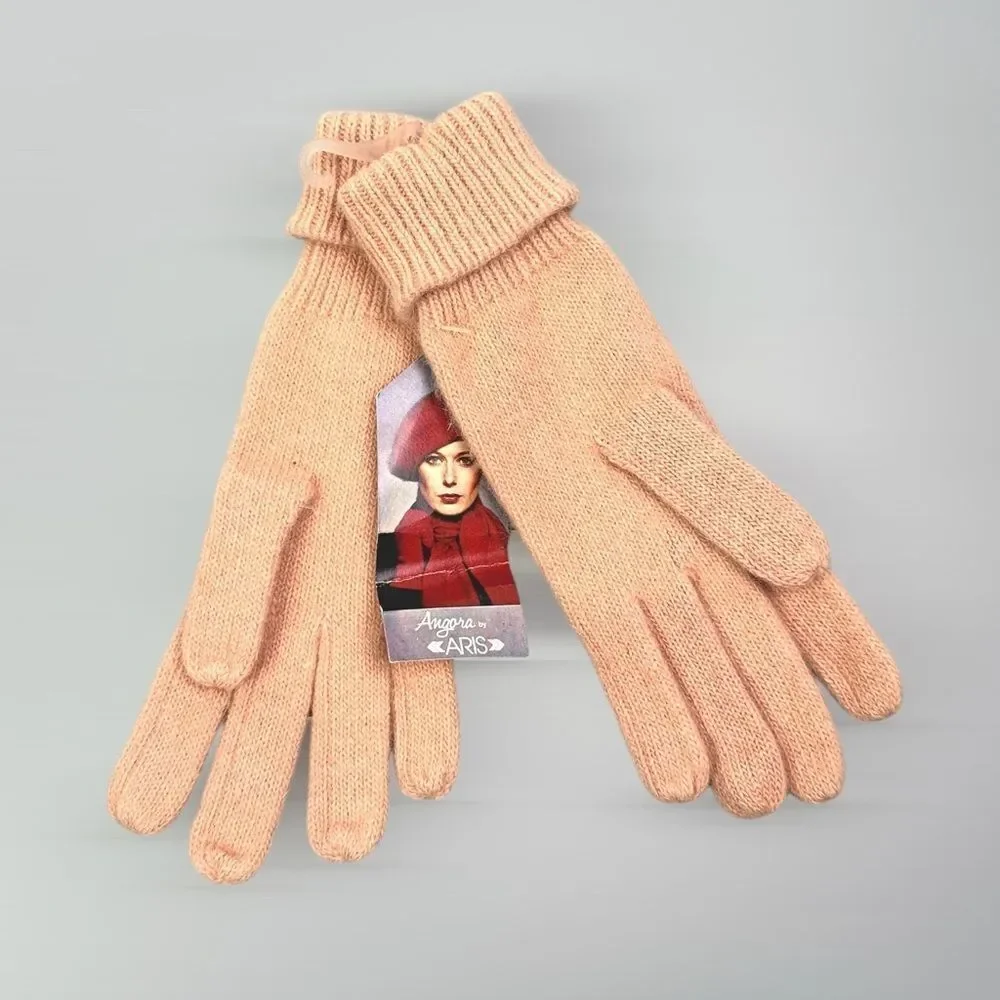 Aris Peach Color Knit Gloves Angora Lambswool Blend One Size Vintage NWT